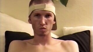 Adorable skinny meat rider masturbates his thick pecker & cums