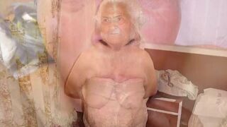 Grandma squeezes her giant breasts with big nipples