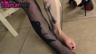 Barefoot devil cosplayer takes stockings off & teases you