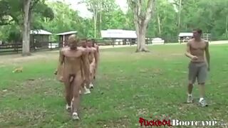 Multiple twinks exercising nude & giving blowjobs outside